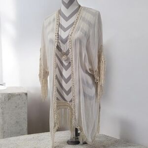 American Flirt Beige Fringed Boho Cover Kimono Small